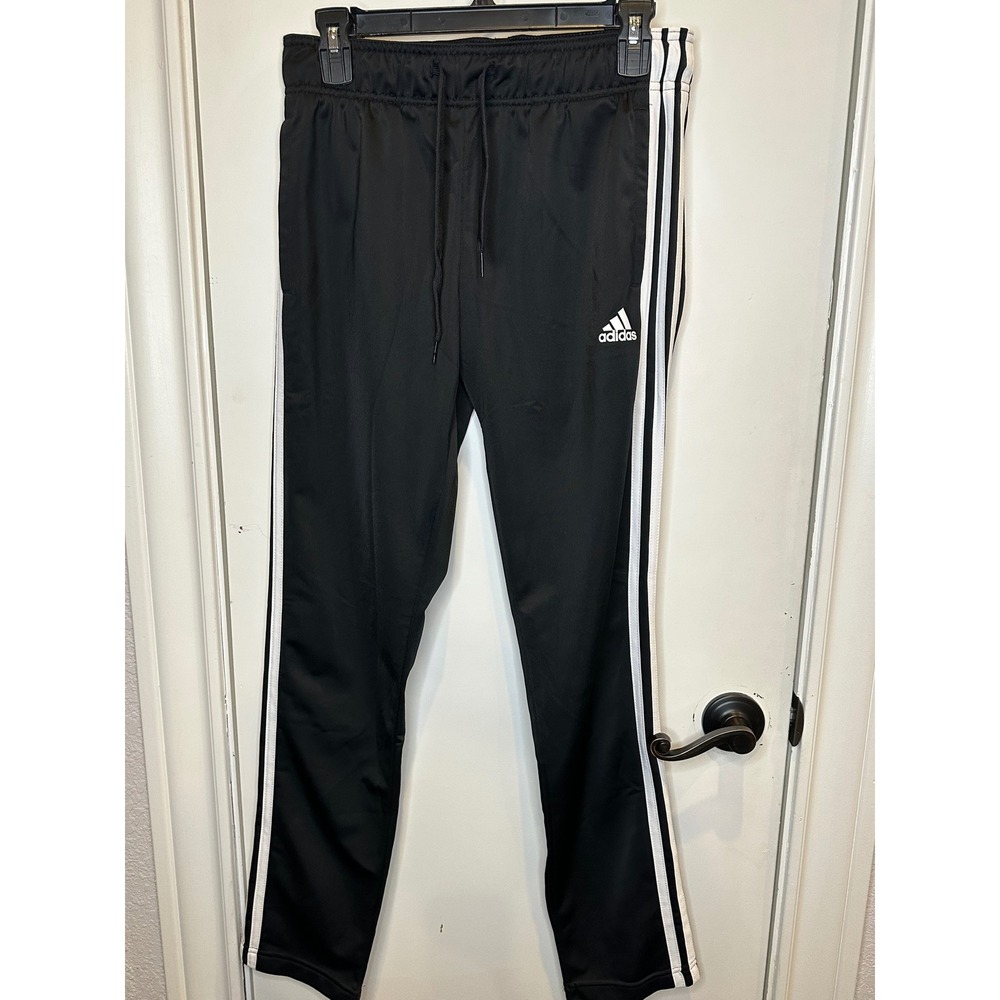 Adidas Mens Black White 3-Stripe Track Pants Elastic Waist Athletic Bottoms